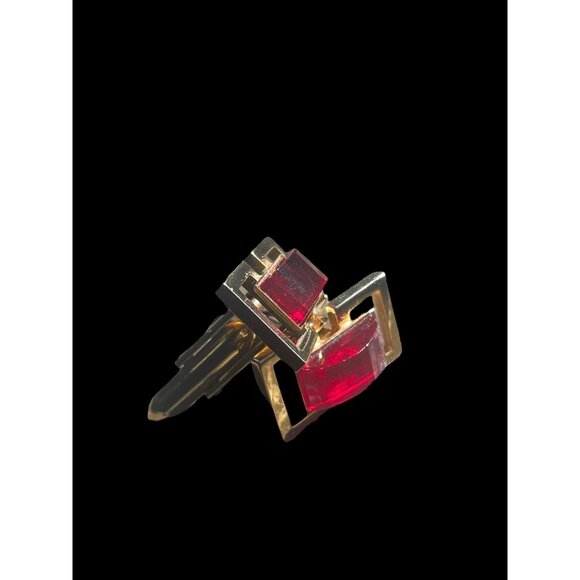 Vintage Gold Tone Cufflinks with Red Glass or Gemstone Inlay - Picture 5 of 5